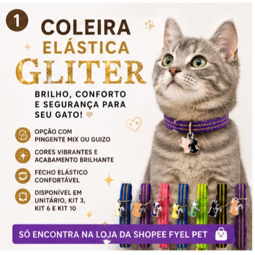 Coleira Elástica para Gato | Coleira de Gato Brilho | Pingente ou Guizo | Coleira de Gato com Ajuste