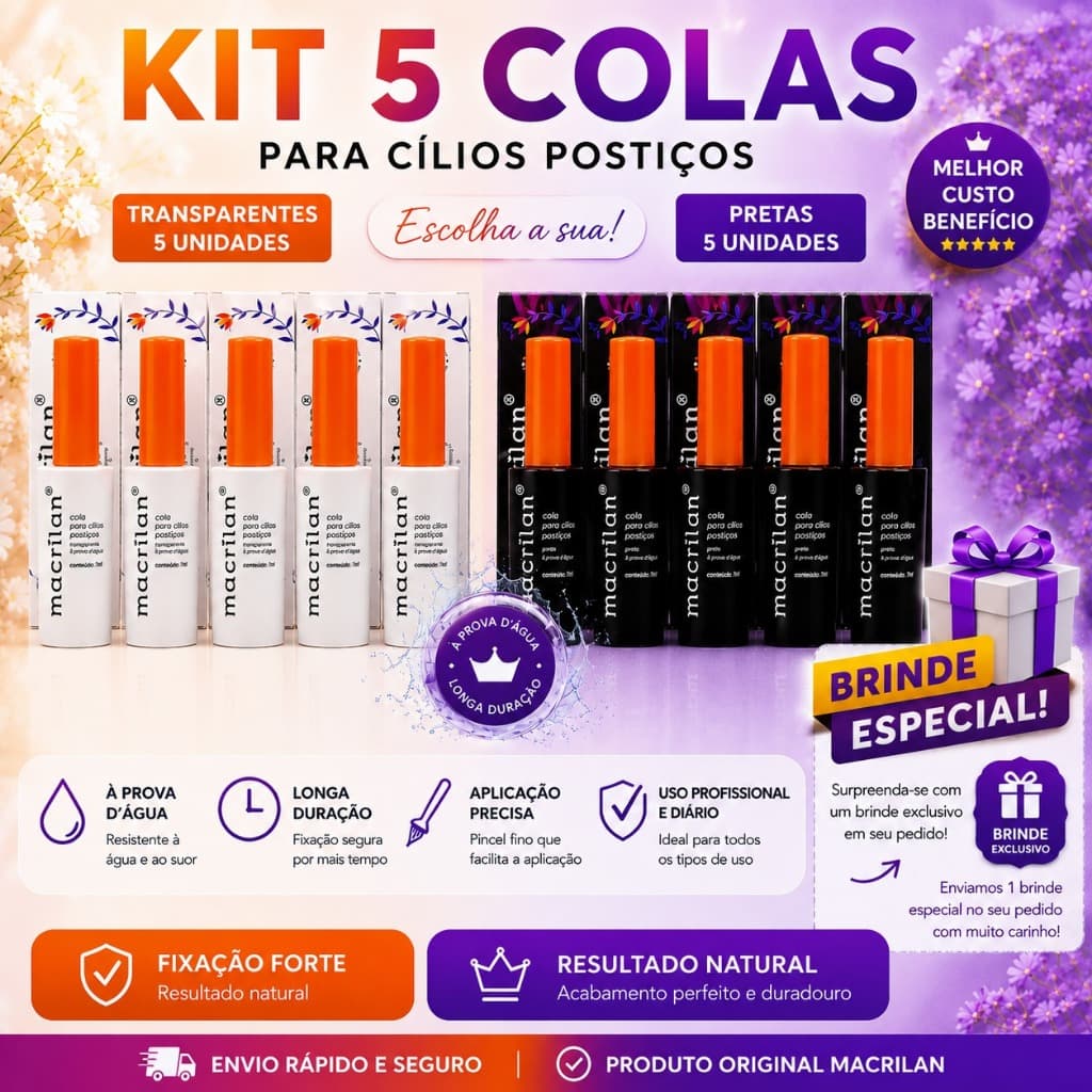 Kit 5 Colas Para Cílios Postiços Macrilan Original Preta Ou Transparente À Prova D'Água 7ml