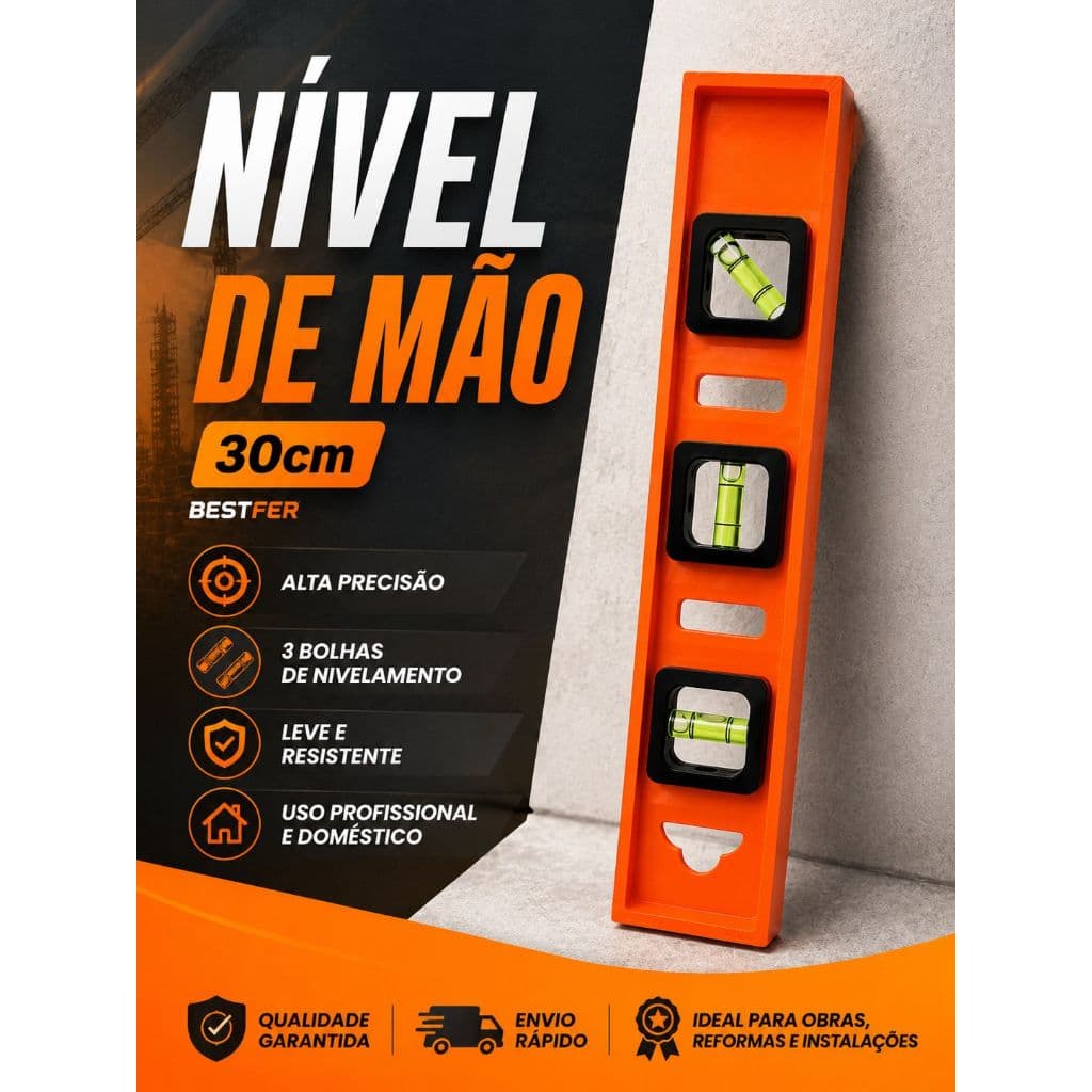 Nivel de mão, 3 bolhas, Com Régua 30cm