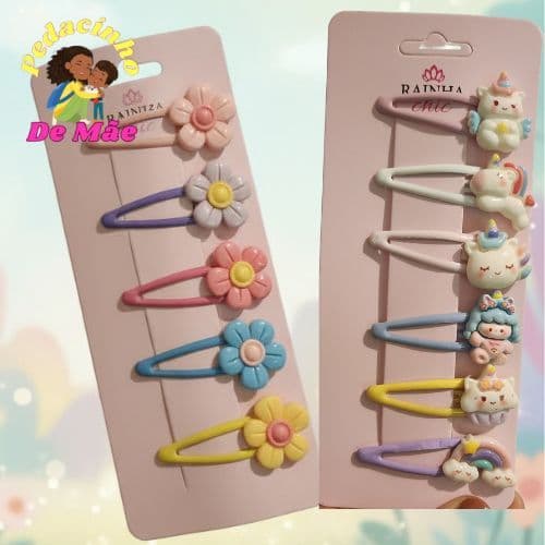 Kit 5 ou 6 Presilhas Infantil Coloridas Florzinhas e Unicórnios para Meninas Tic Tac Fofo Cabelo Bebê Criança