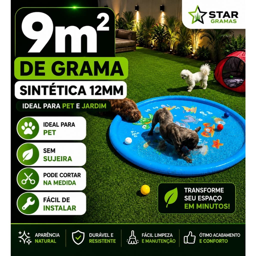 Grama Sintética 9m² para Jardim, Varanda, Pet Fácil, Kids Instalação Alta Durabilidade