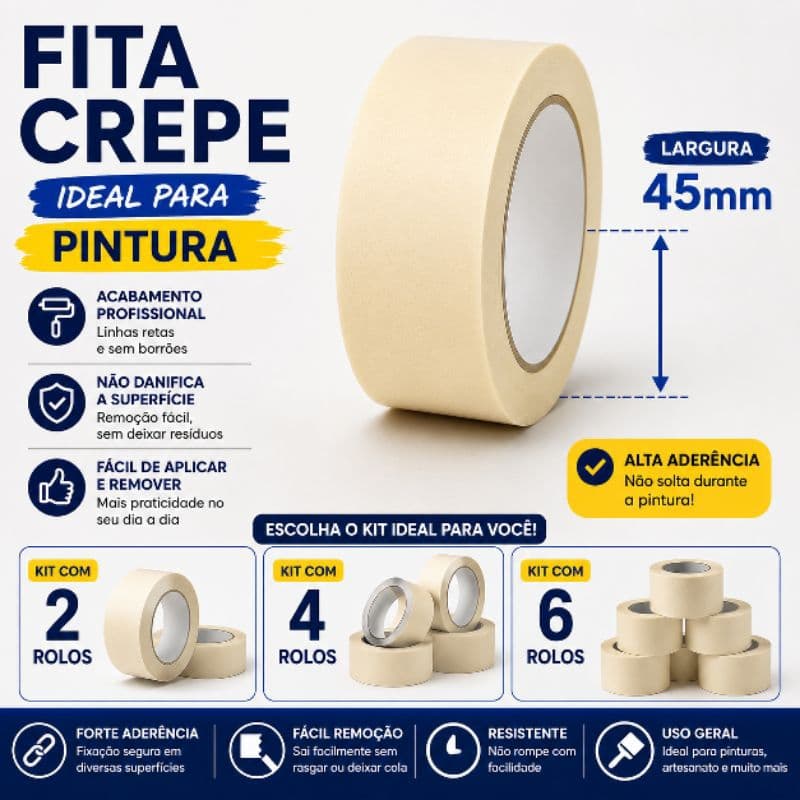Kit 2 Fitas Crepe 45mm x 40m Para Pintura Profissional Mascaramento e Acabamento - 2, 4 ou 6 Rolos