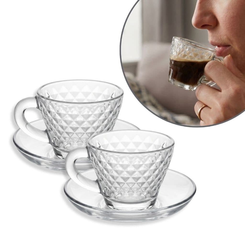 Jogo c/ 6 Xícaras de Café 90ml + 6 Pires de Vidro Plasvale – Sofisticação, Resistente