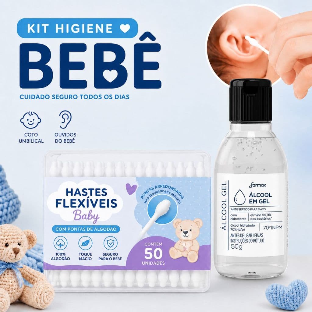 Kit Coto Umbilical Hastes Flexiveis Baby com Segurança Cotonete Anti Germes