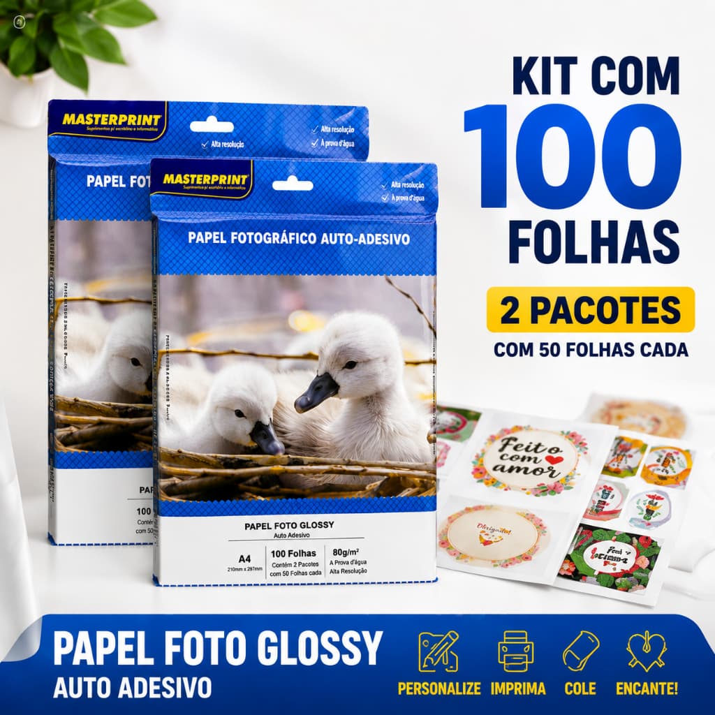 Kit c/ 2 Papel Fotográfico Glossy Auto-Adesivo A4  210mm x 297mm 80G 50Fls