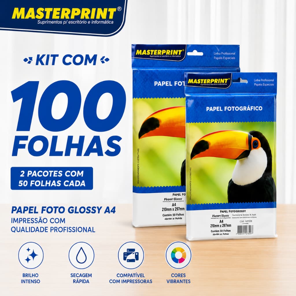 Kit com 2 Papel Fotográfico A4 115G 50Fls Papel Glossy Brilhante Branco