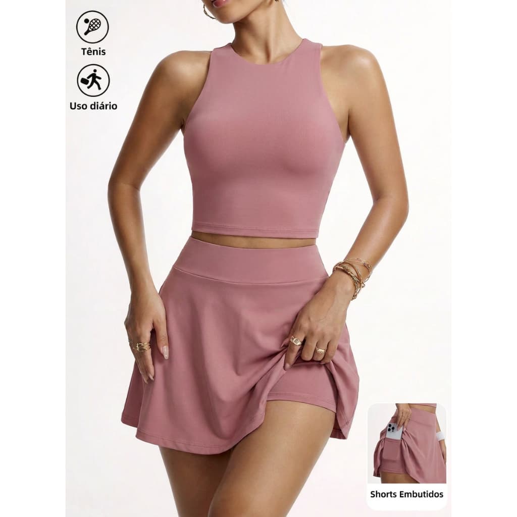 Conjunto blusa + Short Saia com Bolso Fitness Premium Academia Volei Beach Tenis Corrida feminino