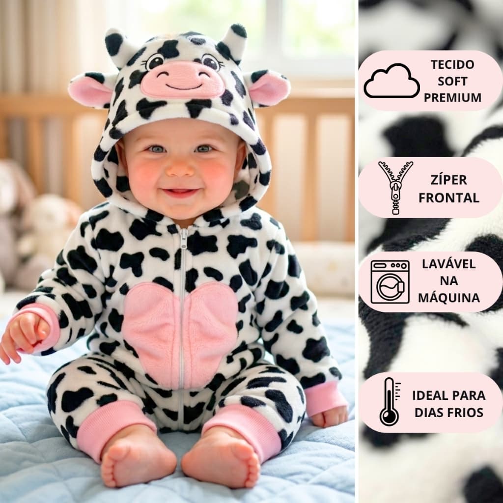 Pijama Vaca Animal Kigurumi Macacão com Tecido Macio e Confortável para Bebes