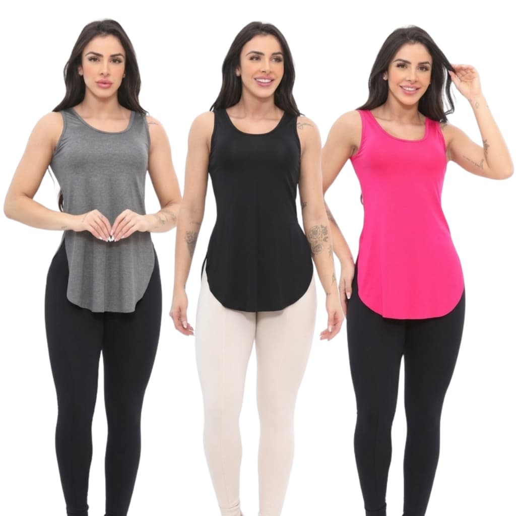 Kit 3 Regatas Tapa Bumbum Academia Long Vest Feminina Crossfit Legging Viscolycra Corrida Caminhada