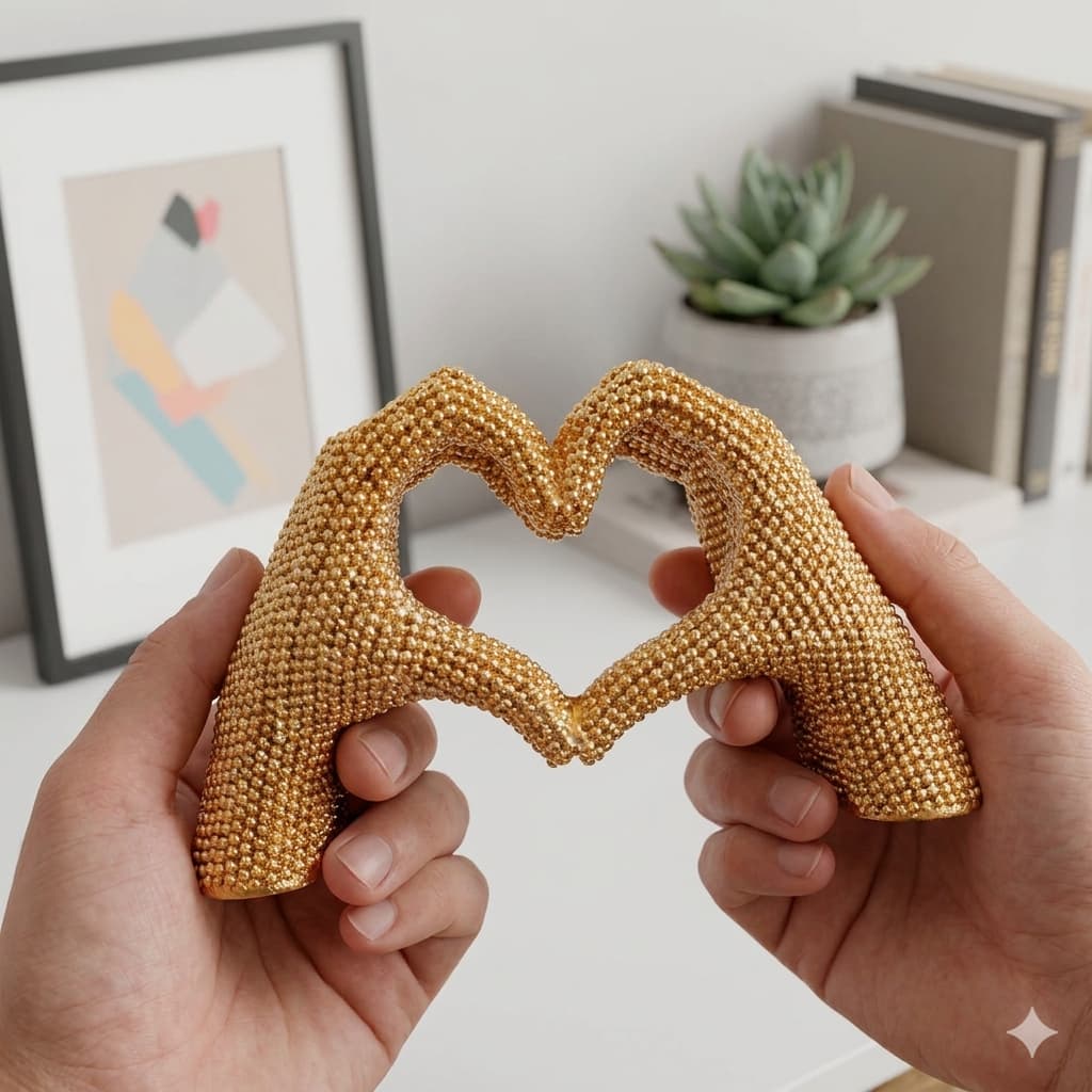 Enfeite Decorativo Mão Coração Para Sala Quarto Escritório Dourado Com Brilho