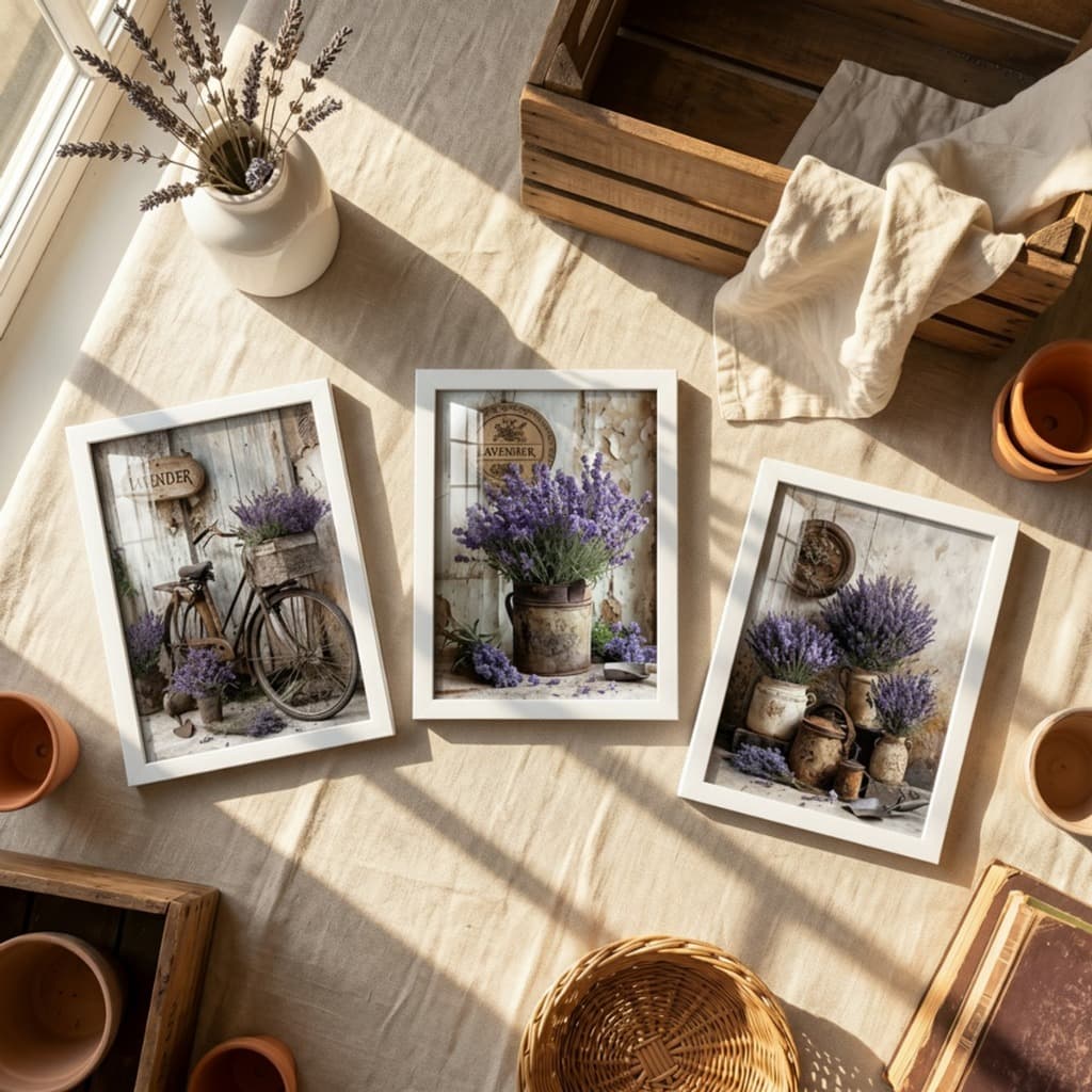 Quadros Decorativos para Sala Kit 3 Lavandas Flores Rústico 18x24 Campestre Quarto Moldura Vidro