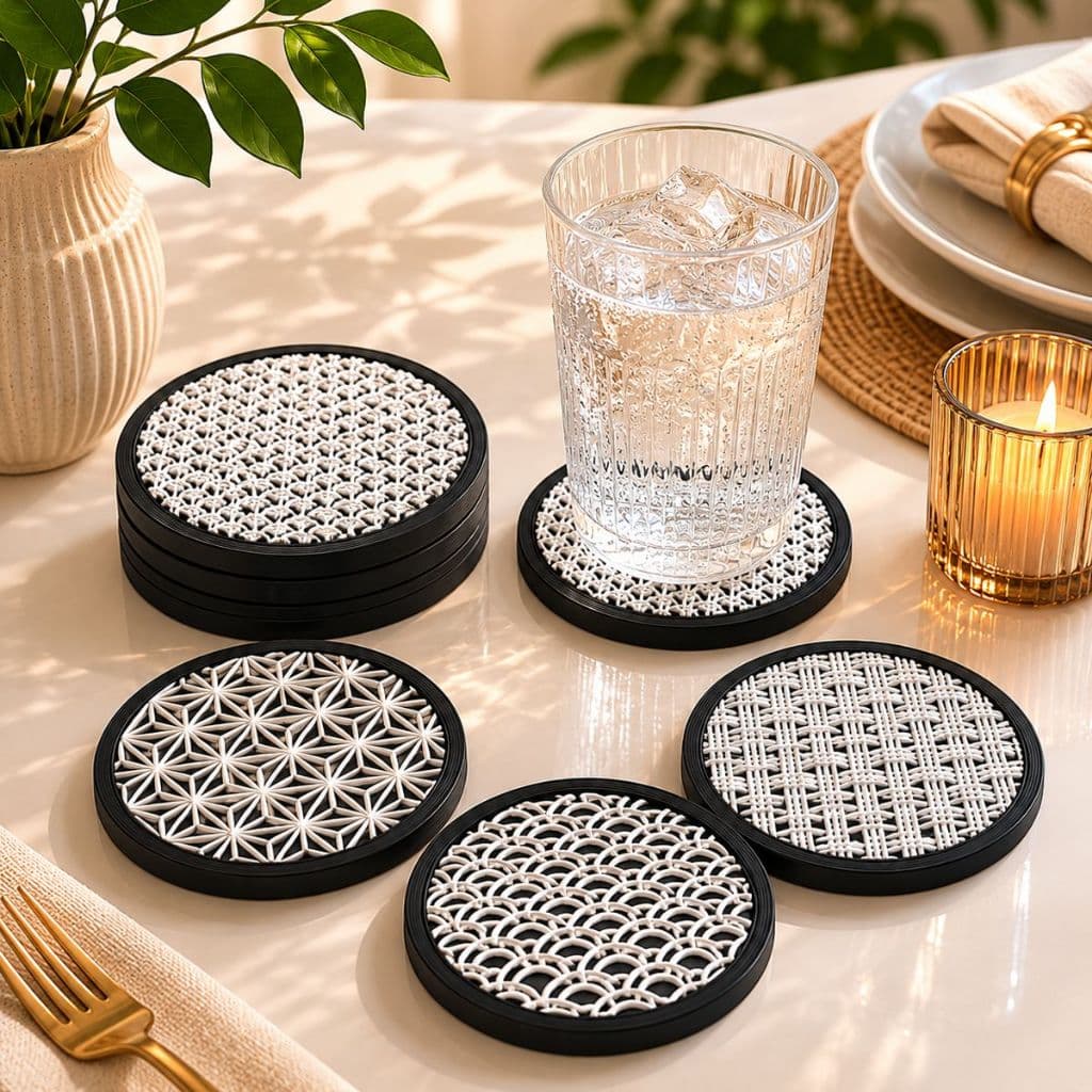 Jogo Porta Copos Decorativo 4 Peças Mesa Posta Suporte Copo Moderno Preto e Branco Premium