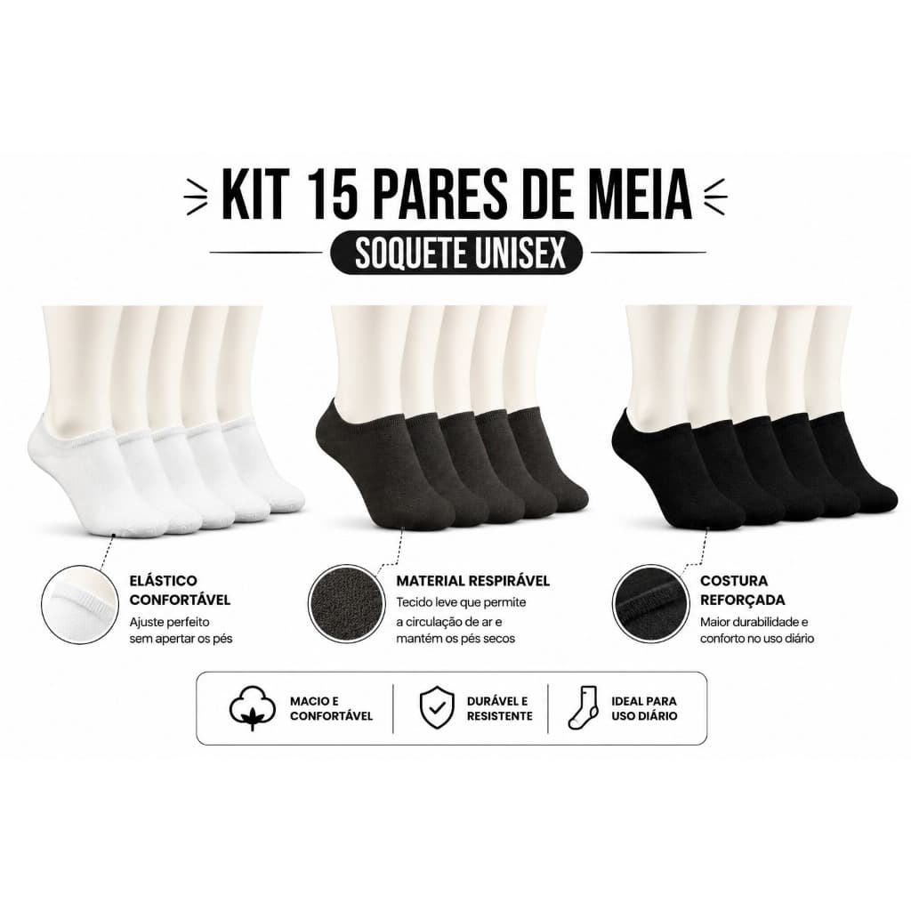 Kit 15 Pares de Meia Soquete Cano Baixo Cano Curto Invisível Unisex Sport Original 35 - 40