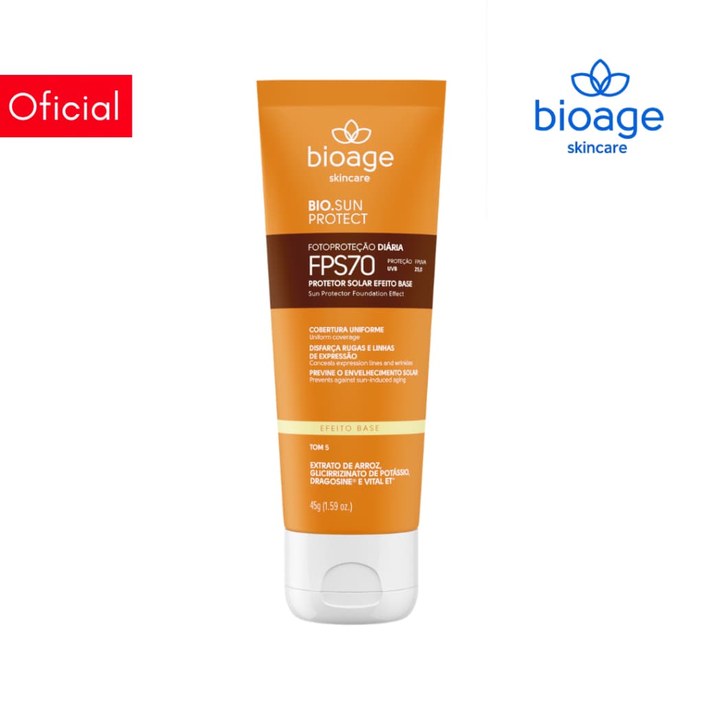 Bioage Protetor Solar Facial Efeito Base FPS 70 Tom 5 Cobertura Uniforme 45g