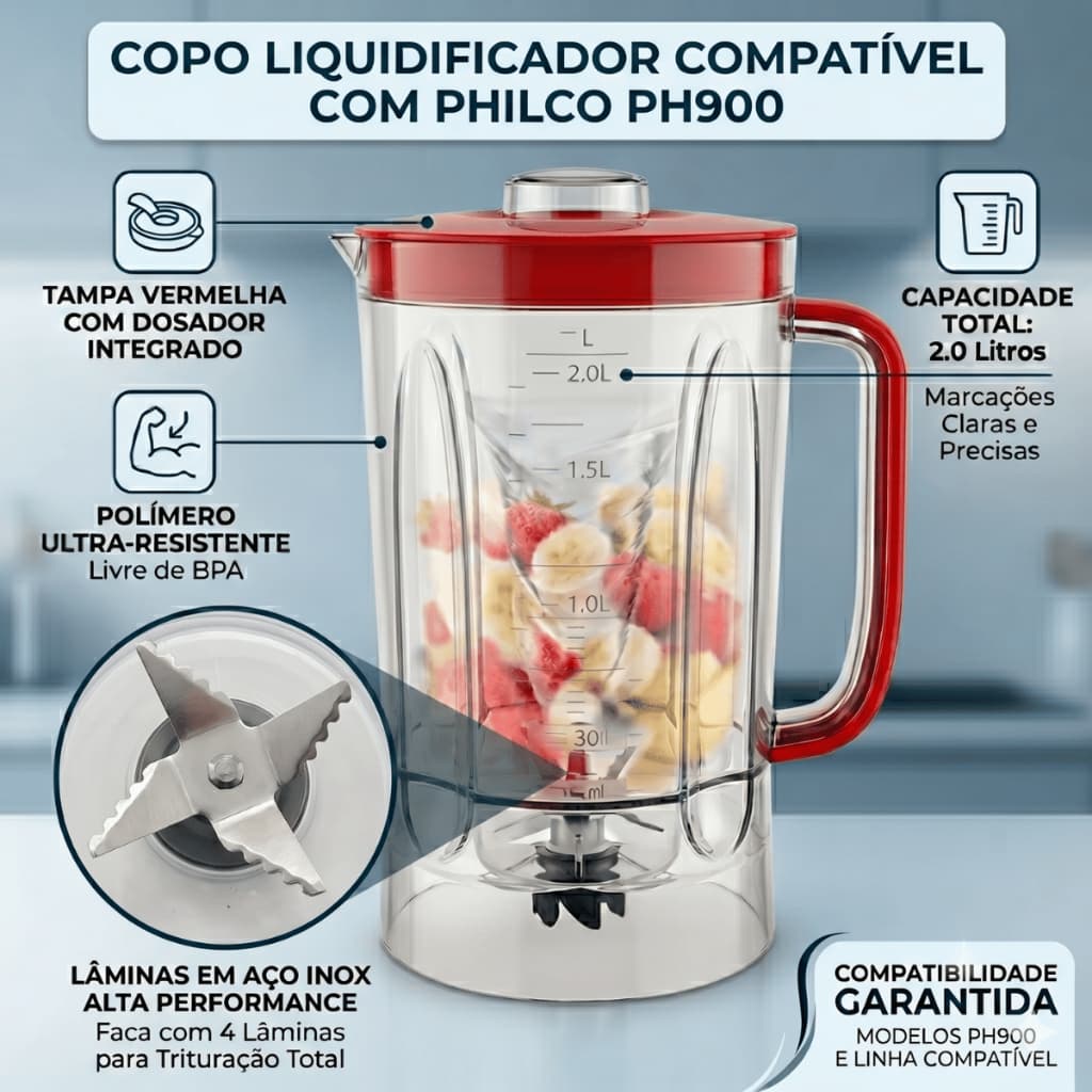 Copo Liquidificador Compatível Philco PH900 Tampa Vermelha com Lâminas Inox