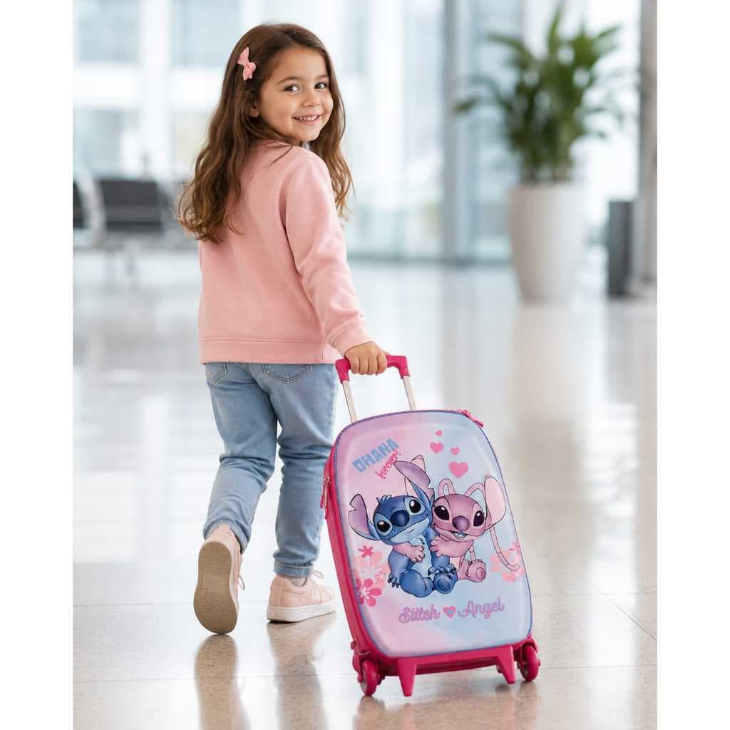 Mala Mochila Infantil Stitch e Angel 3D com Rodinhas - Multicolorida