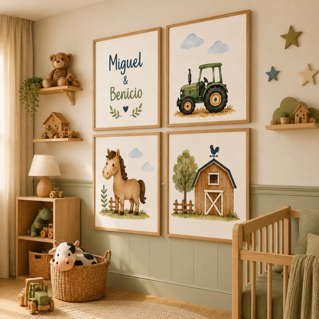 Kit Quadros Fazendinha Infantil 4 Peças Personalizado com Nome Decoração Quarto Bebê Menino MDF Alta Qualidade