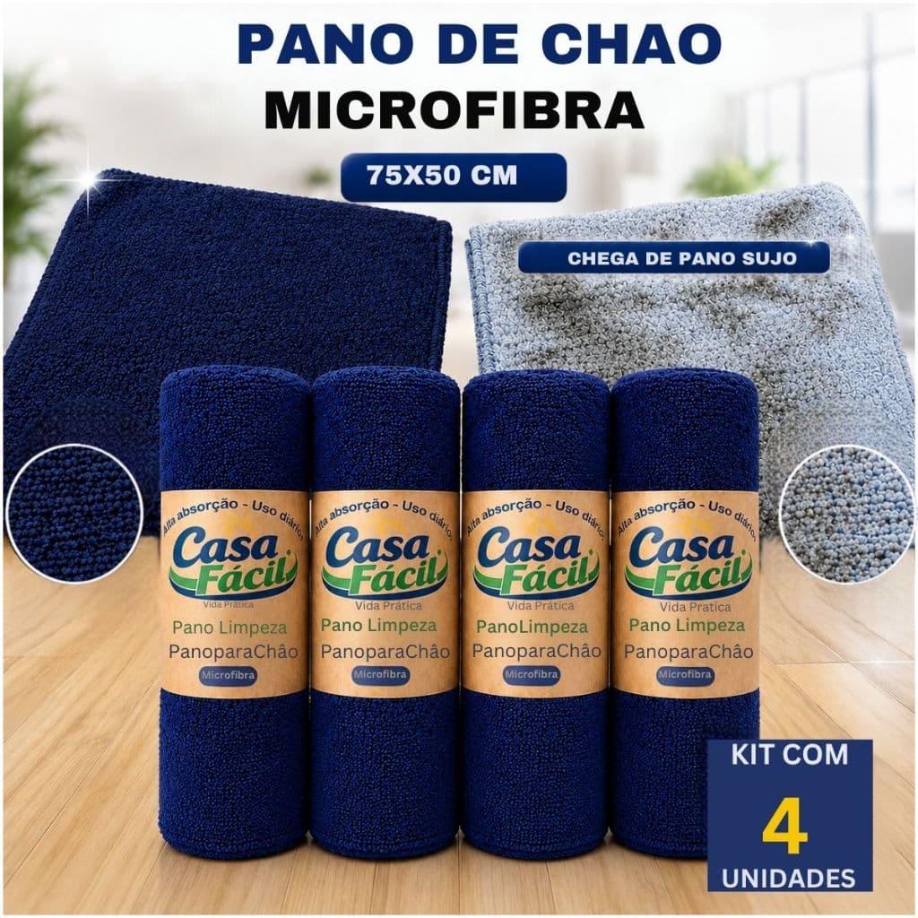 Kit 4 unidades Pano Magico de Microfibra Grande 75x50 - Pano Multiuso para Limpeza