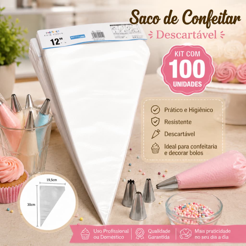Saco de Confeitar Descartável 20x30cm Kit 100 Unidades Resistente para Decoração de Bolos e Doces