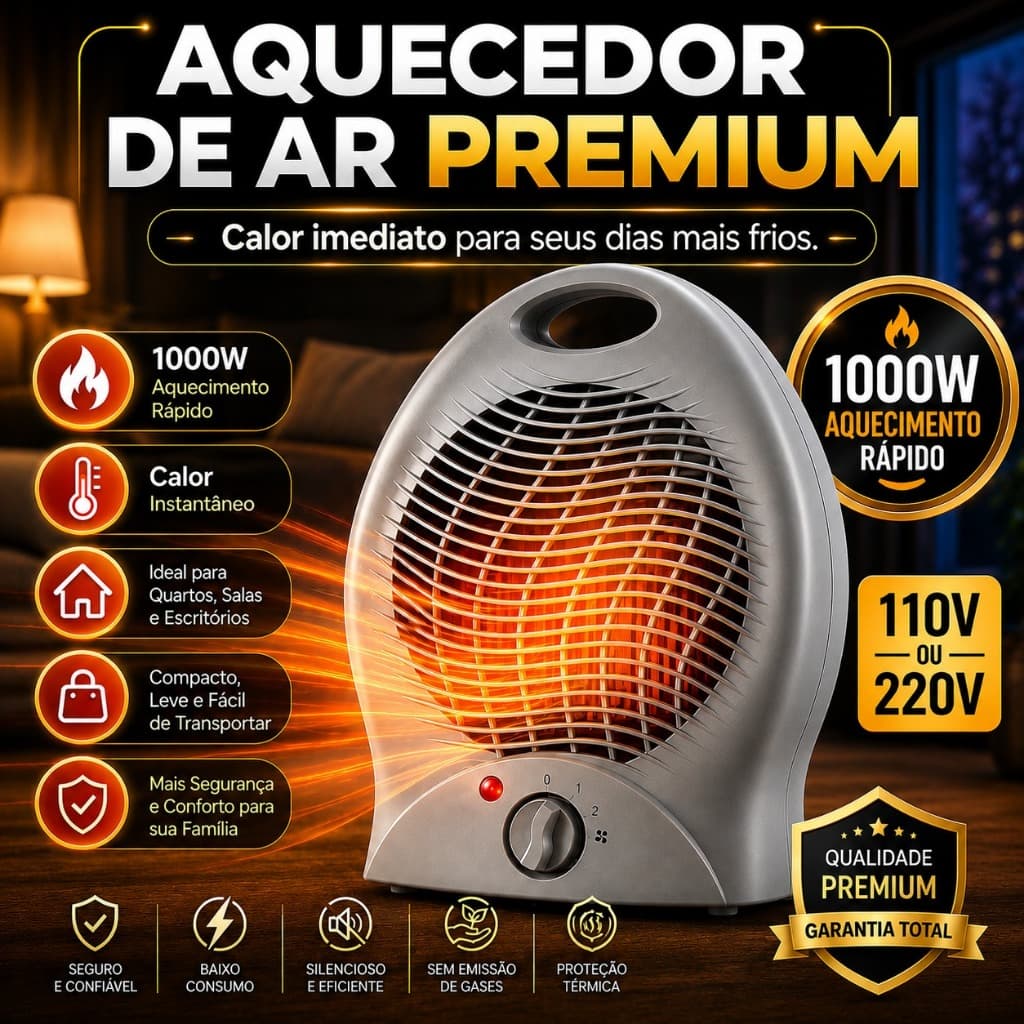 Aquecedor de Ar Premium 1000W Portátil Aquecimento Rápido Elétrico Quarto Sala Escritório 110V 220V