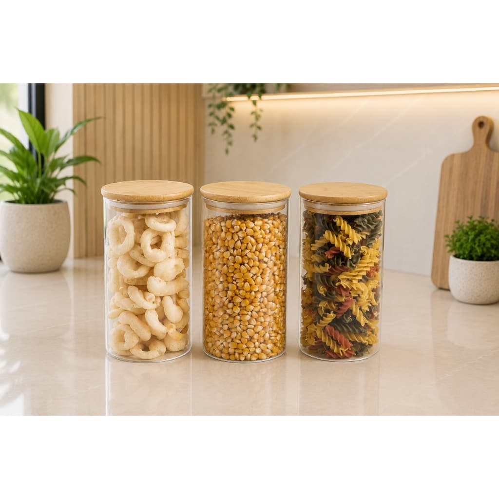 Potes de Vidro com Tampa de Bambu Kit com 3 1100ml Mantimentos Herméticos Oikos Pote Cozinha Alimentos Tempero Redondo