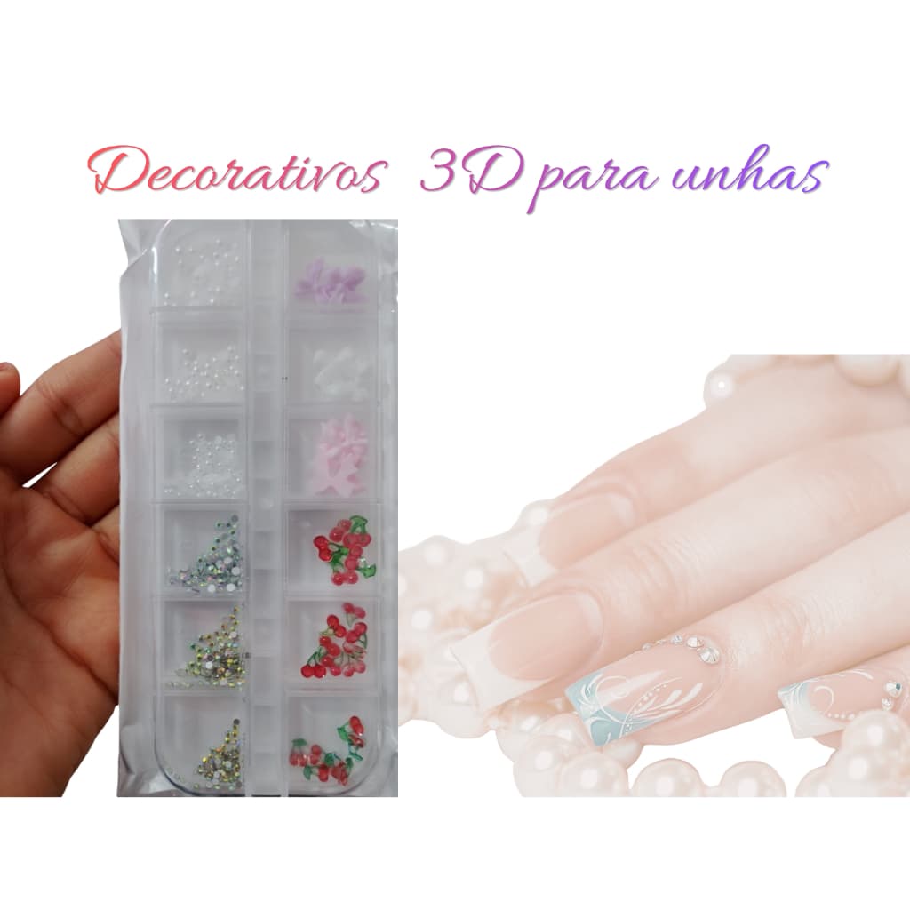 KIT DECORAÇÃO DE UNHAS 3D CEREJAS, LAÇOS, STRASS E PEROLAS
