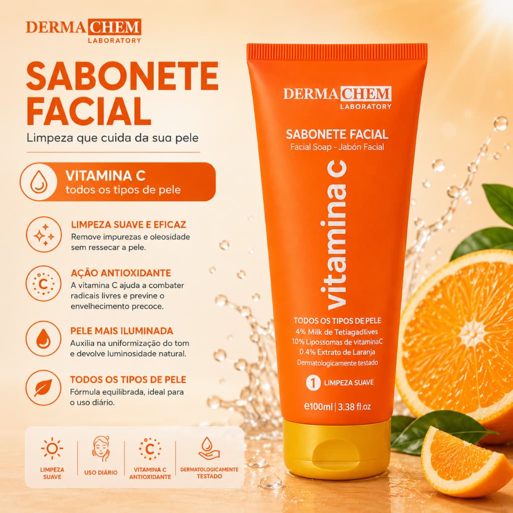 Sabonete Facial Vitamina C Dermachem 100ml Limpeza Facial Todos os Tipos de Pele