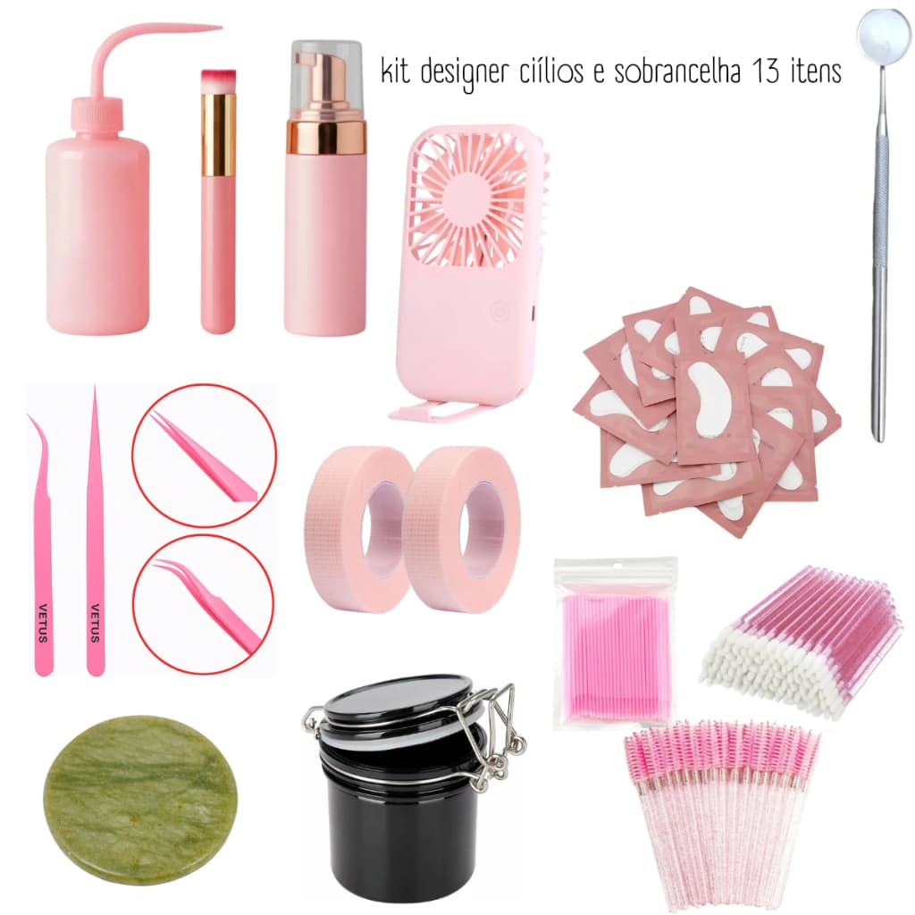 Kit Completo Treino Extensão Cílios Profissional Ventilador e Nano Pinça Porta Colas