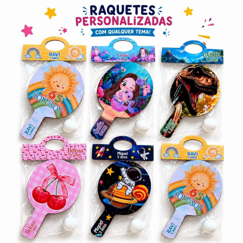 Raquetes Personalizada em Mdf Todos os Temas Kit Ping Pong Lembrancinha Aniversário