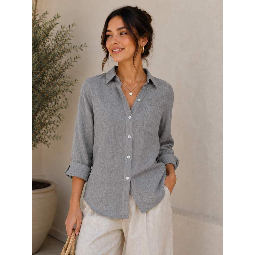 Camisa de Botoes Feminina Blusa Manga Longa Com Bolso Frontal tendencia casual