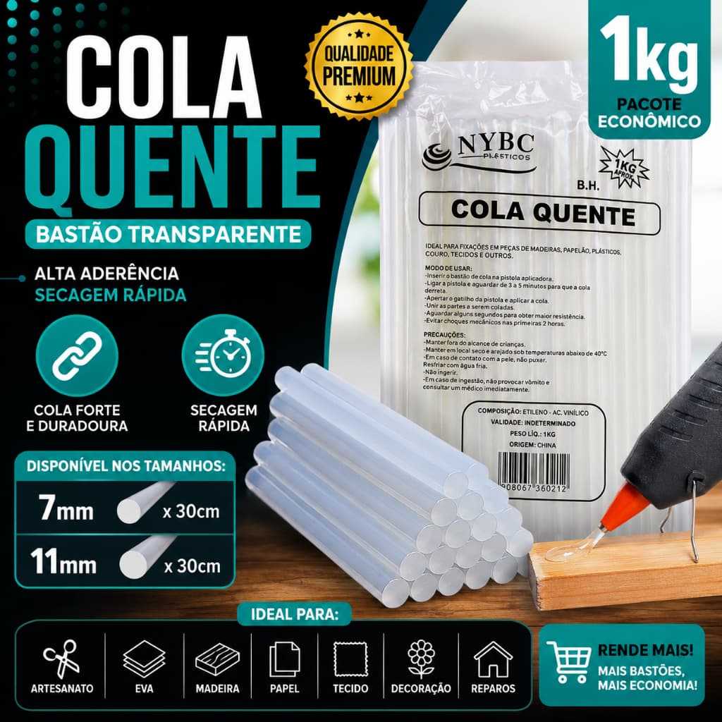 Bastão Cola Quente Transparente  em Pacote com 1Kg - CH