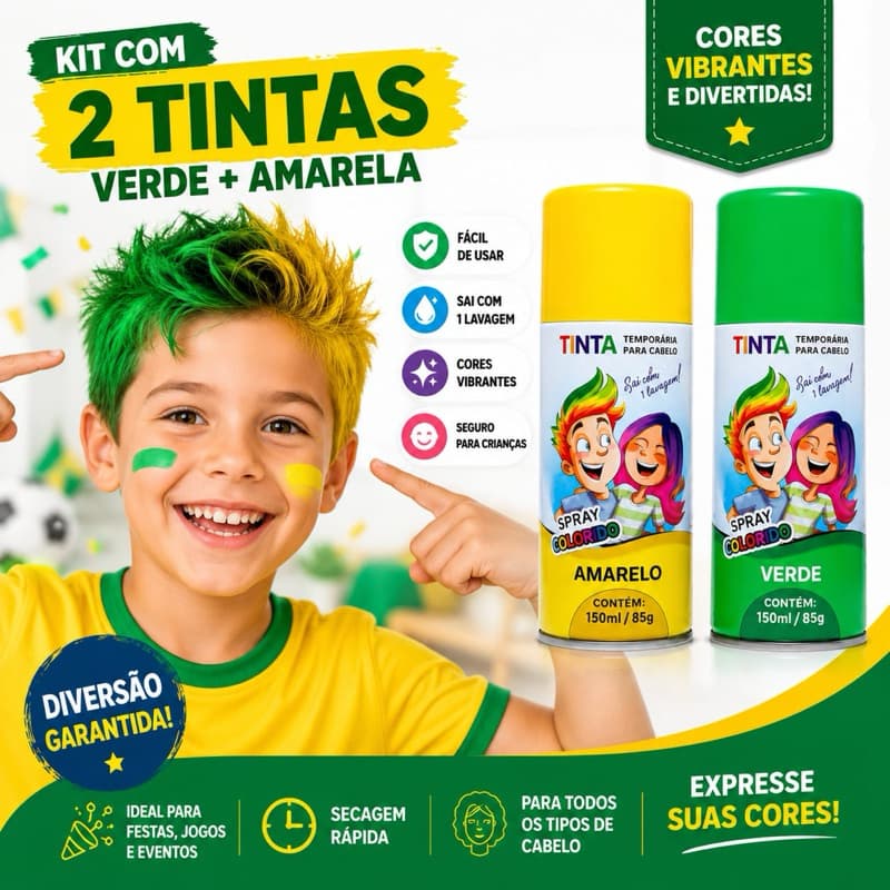 Kit 2 Tintas Temporárias Para Cabelo Verde e Amarelo Infantil Copa do Mundo Brasil Lavável Fácil Remoção