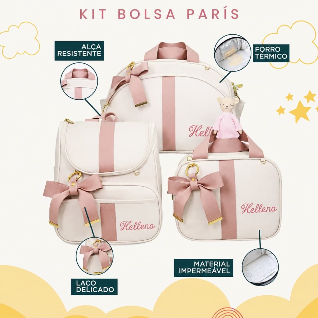 Kit Maternidade 3 Peças Bolsa, Mochila e Bolsa Média Personalizado Térmica Impermeável,Coleção Paris