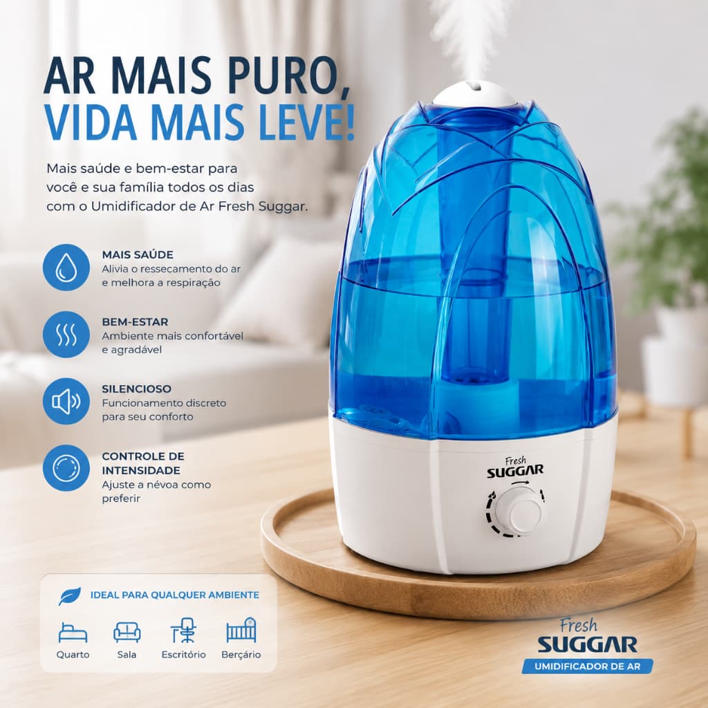 Umidificador de Ar Fresh Suggar 4 Litros Bivolt Branco – Silencioso com Controle de Intensidade