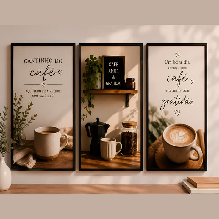 Quadro Decorativo Cantinho Do Café Cozinha Gourmet Café Fé Gratidão Kit 3 Peças