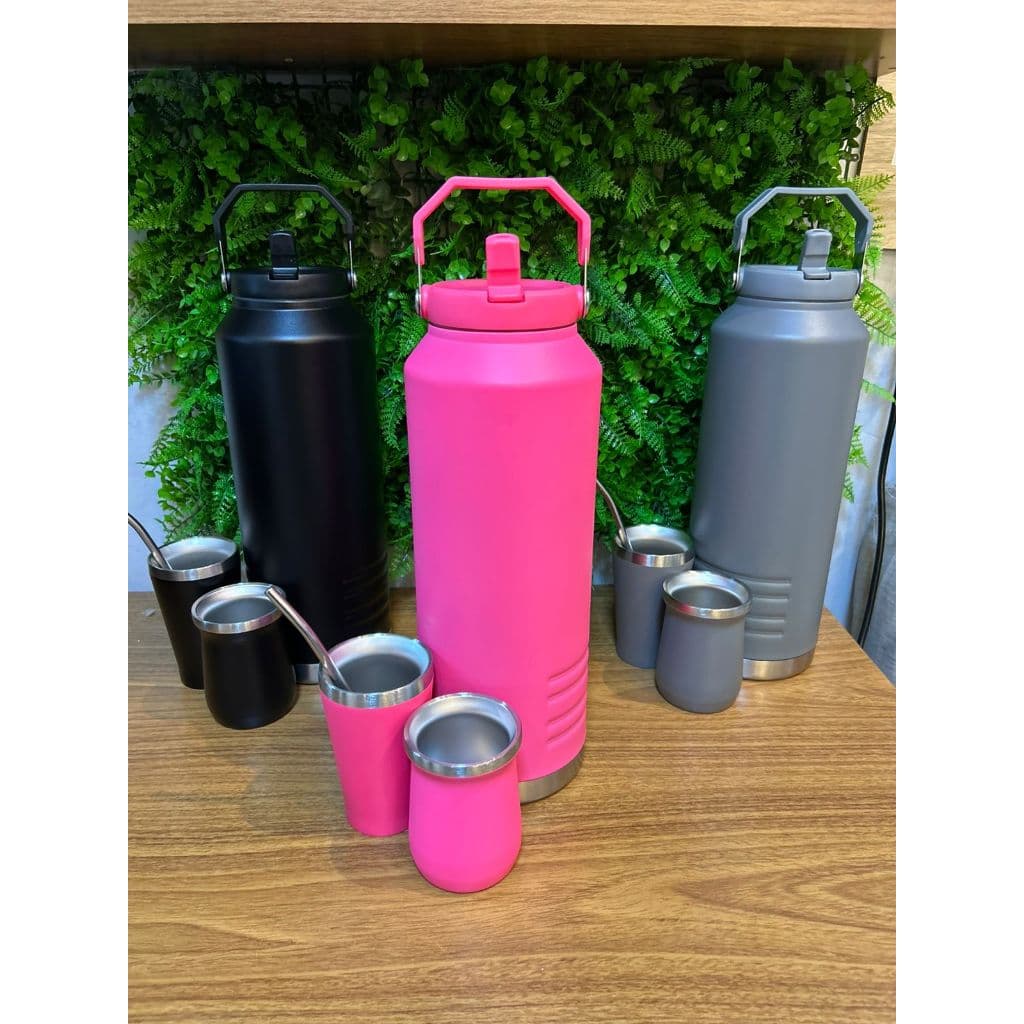 Kit Garrafa Térmica 2,5L Inox com 2 Copos e Bomba Inox Água Gelada e Quente