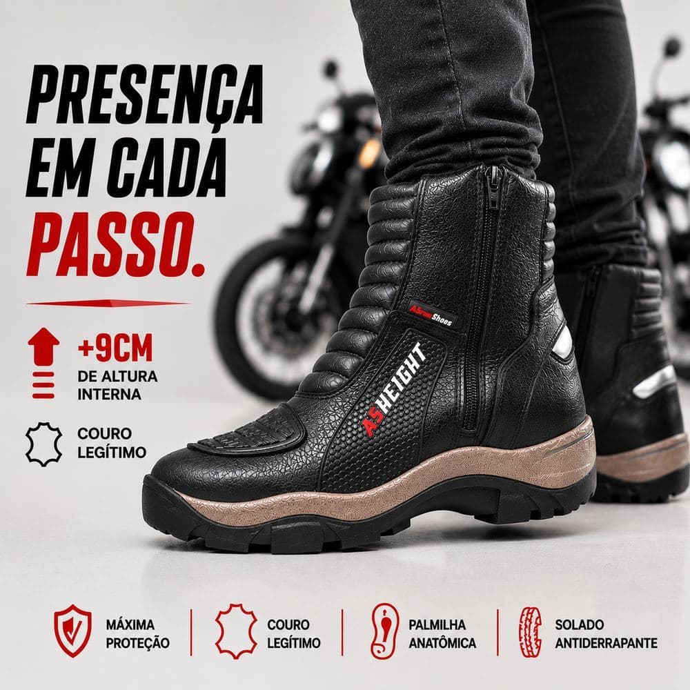 Bota Unissex Couro Legítimo Salto Interno Invisível Aumenta 9cm Altura Motociclista