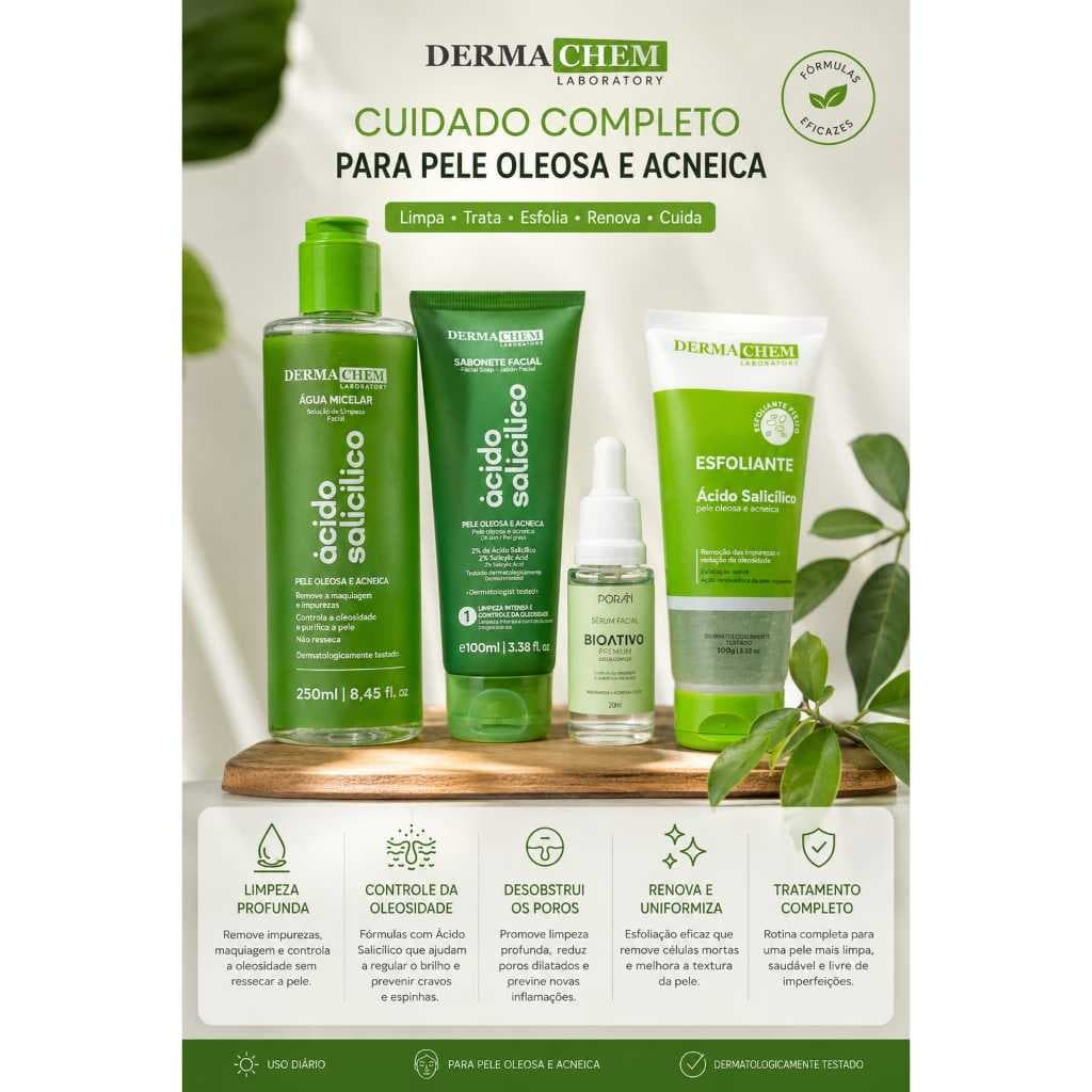 Kit Limpeza de Pele Oleosa e Acne/ Dermachem - Sabonete de Limpeza, Serúm, Esfoliante, Água Micelar Pele Oleosa e Acne