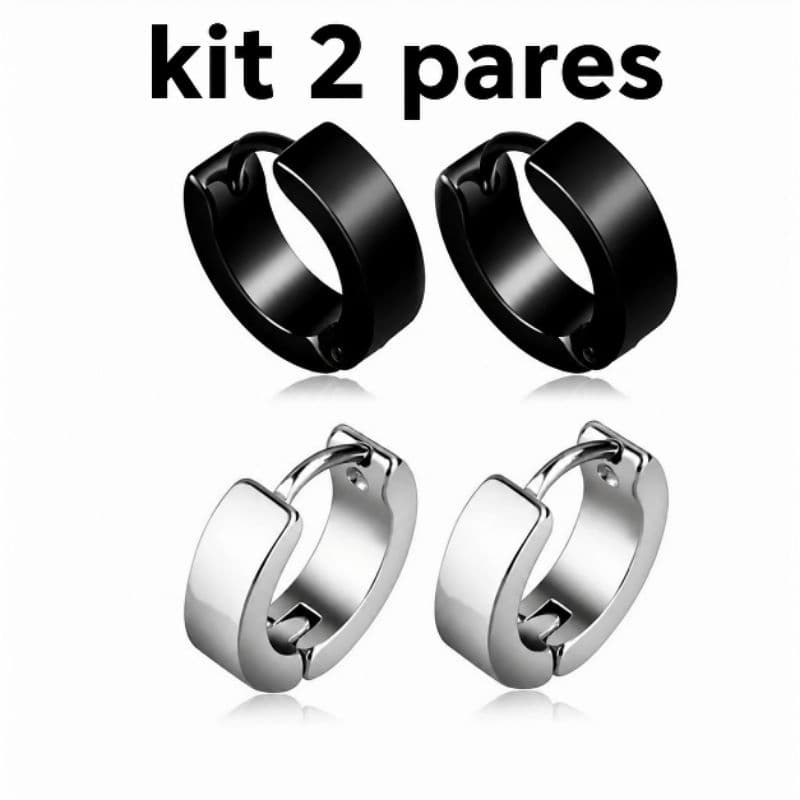 Kit  Brinco Masculino Feminino Argola Aço Cirúrgico preto e Prata  Antialérgico
