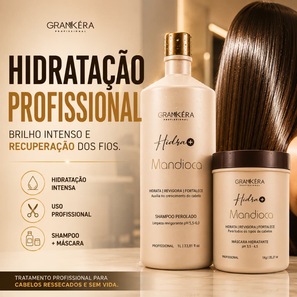 Kit Mandioca Shampoo Máscara Grankéra  Hidra+ Hidratação Cabelos Danificados 1L 1Kg Profissional