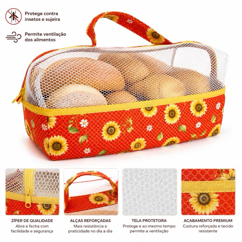 Porta Pão para Cozinha com Tela Protetora | Cesta Organizadora para Pães, Biscoitos, Snacks e Guloseimas | 28x17x20cm