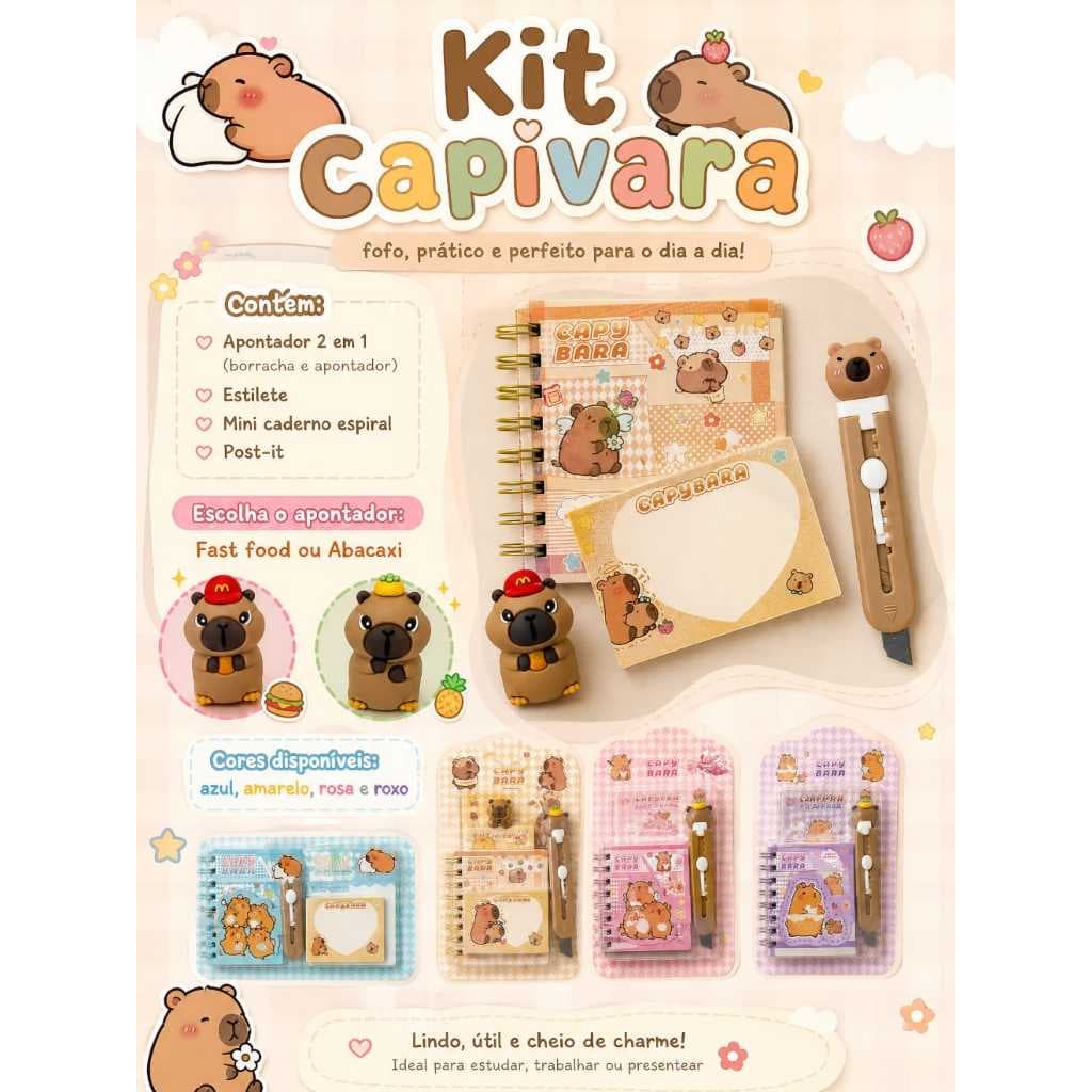 Kit Completo Capivara - Estilete + Apontador 2 em 1 + Mini caderno + Post it.