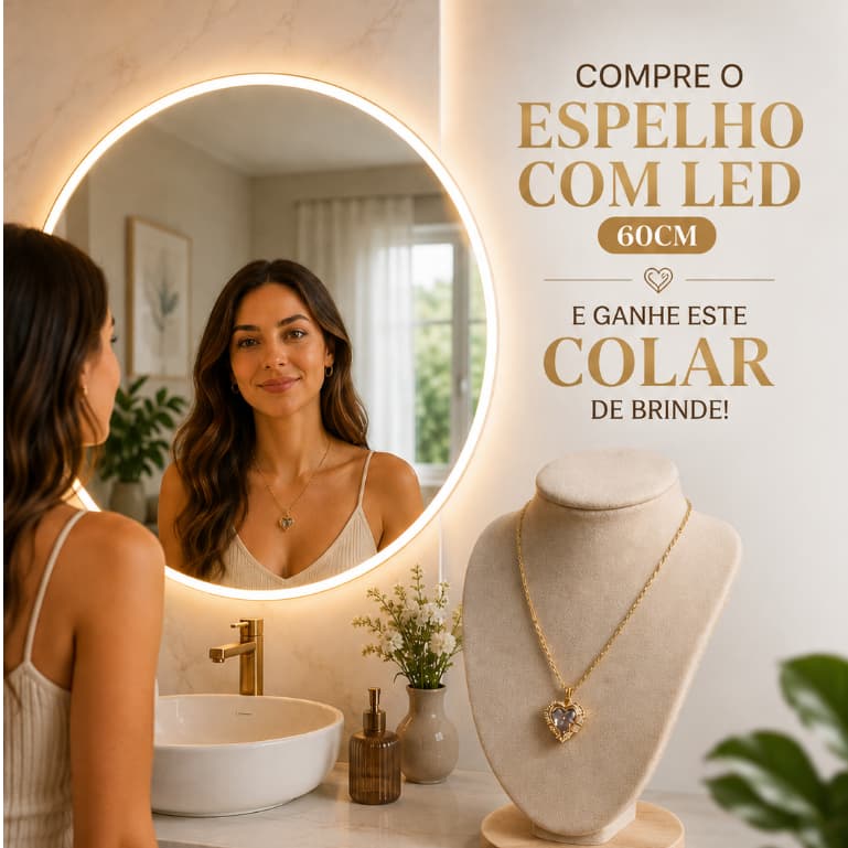 Espelho Redondo LED 60cm + Colar Exclusivo de Brinde