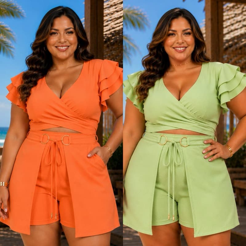 Conjunto Feminino Plus Size  Short Saia+Blusa Decote V Tons claros  Verão Tam 48 ao 54 Plus Size