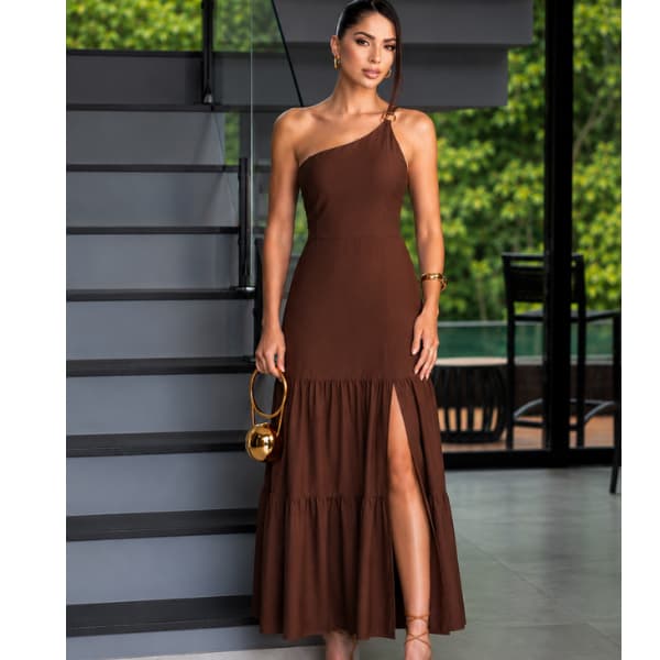 Vestido Longo Feminino Alfaiataria Marrante com Argola Organica Moda Elegante Casual Chic