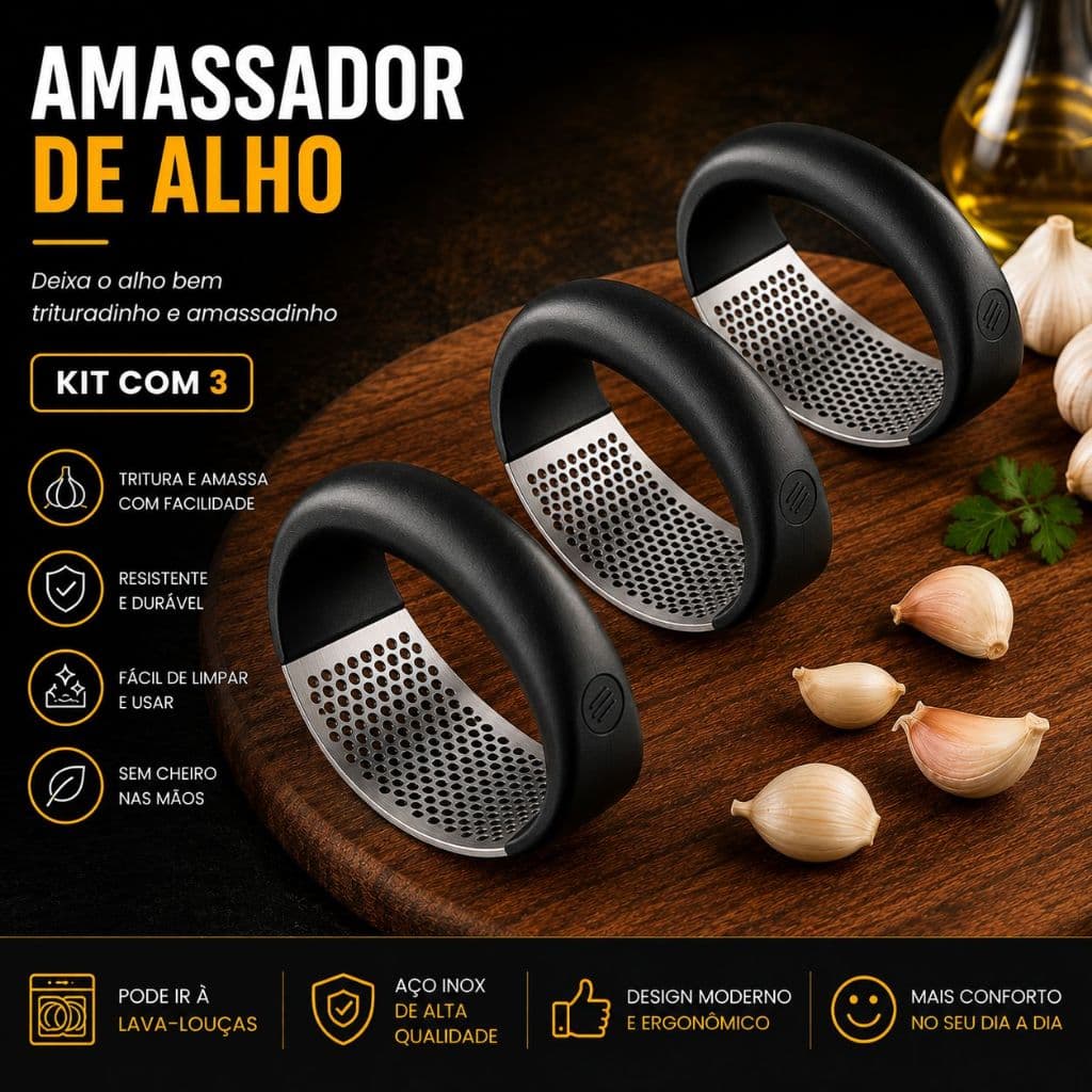 Amassador Espremedor de Alho Inox Kit 3 Unidades | Triturador Manual de Alho Resistente | Envio Imediato
