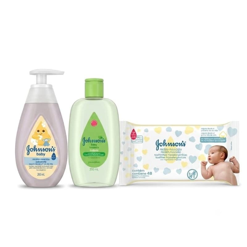 Kit Johnson's Sabonete Líquido Recém Nascido 200ml + Colônia Refrescante Lavanda 200ml + Lencinho Umedecidos 50 Unidades