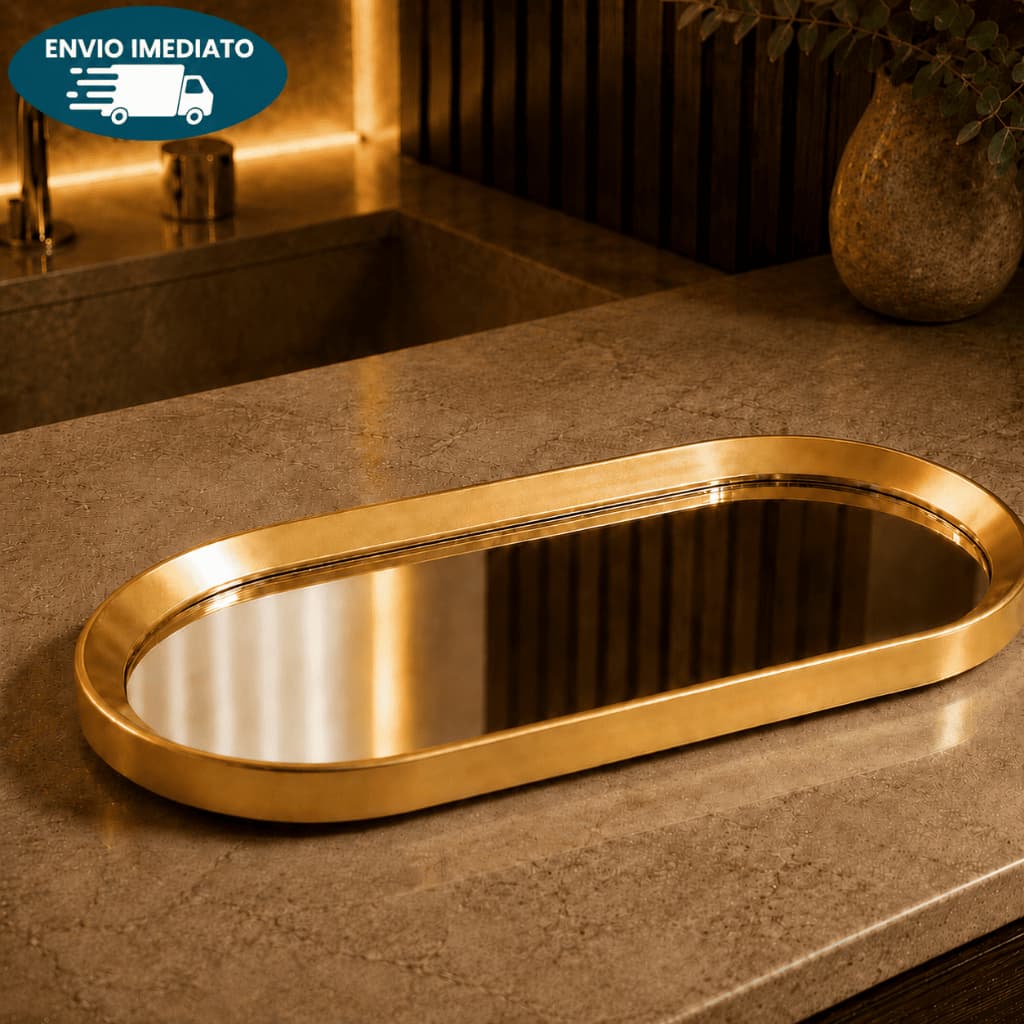 Bandeja Espelhada Oval Dourada Luxo Decorativa para Lavabo Penteadeira Mesa  Maquiagem