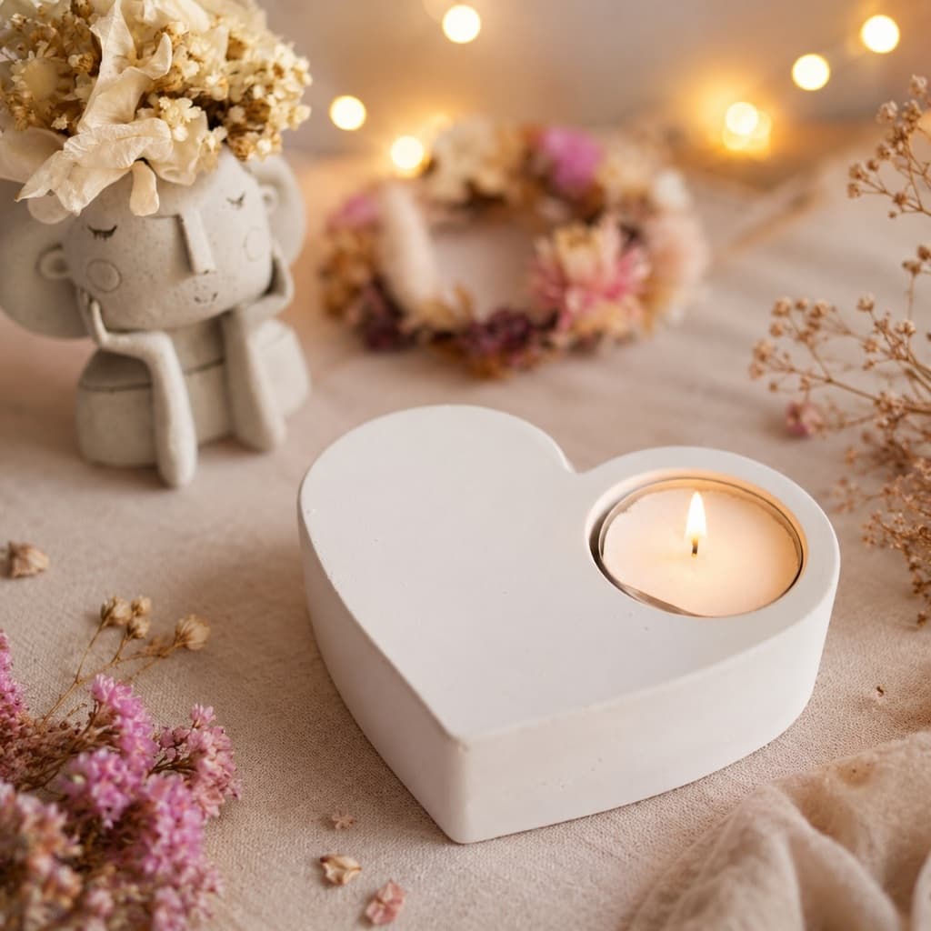 Escultura Decorativa Coração em Gesso com Vela Rechaud 11x9cm