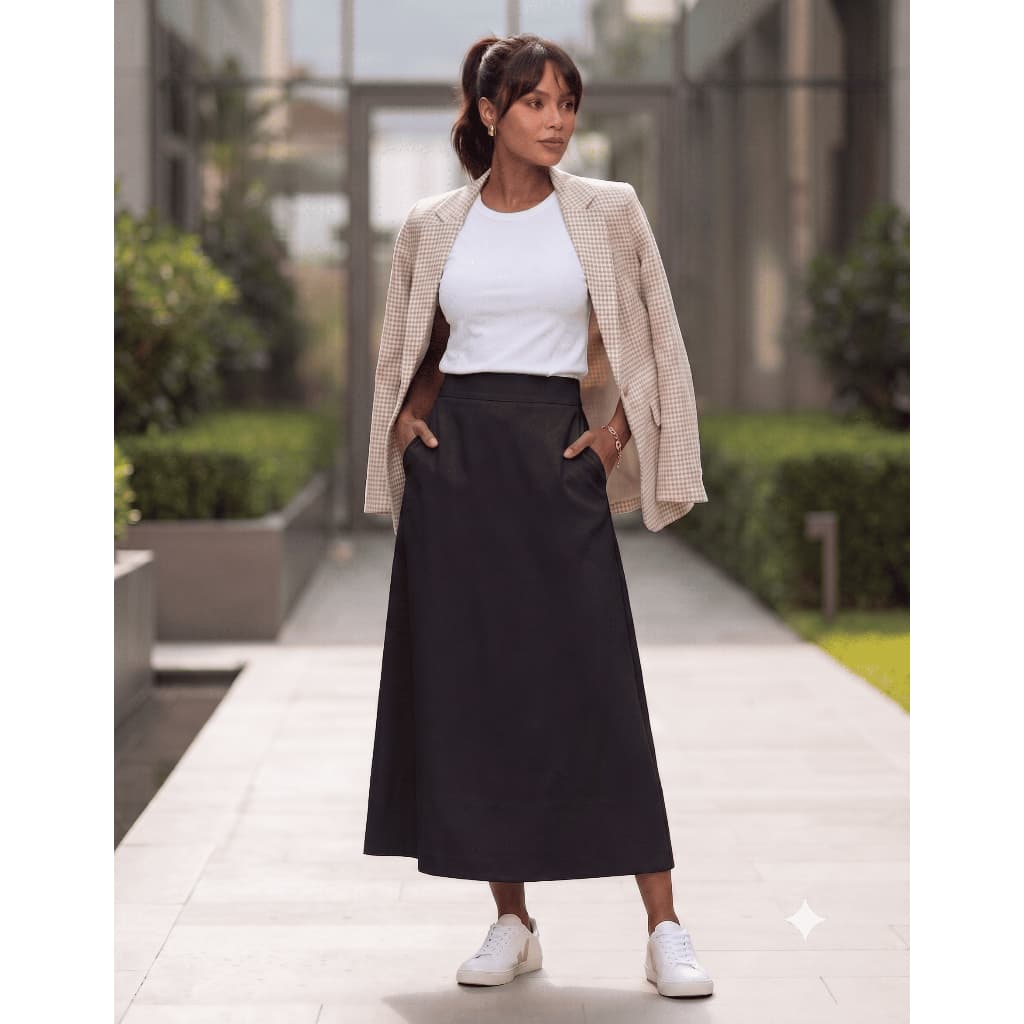 Saia Midi Feminina Elegante De Linho Country Evangélica Casual Leve Com Bolso Alfaiataria Lápis
